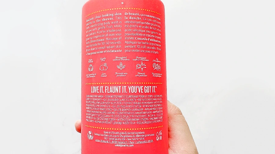 backside of bom dia bright body wash bottle